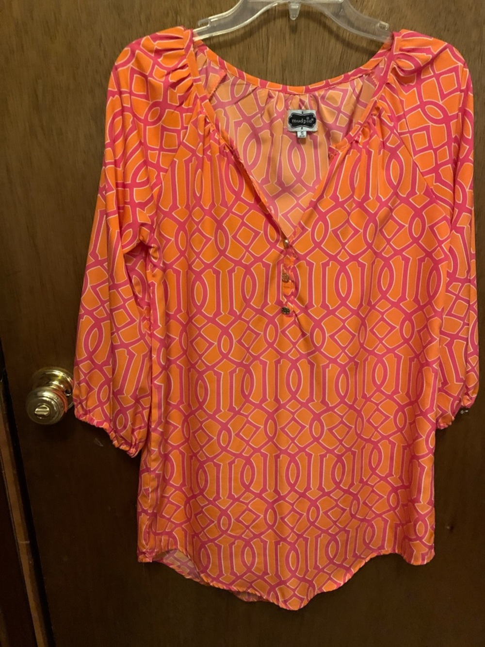 Mud Pie Orange & Pink Geometric V-Neck Tunic Blouse